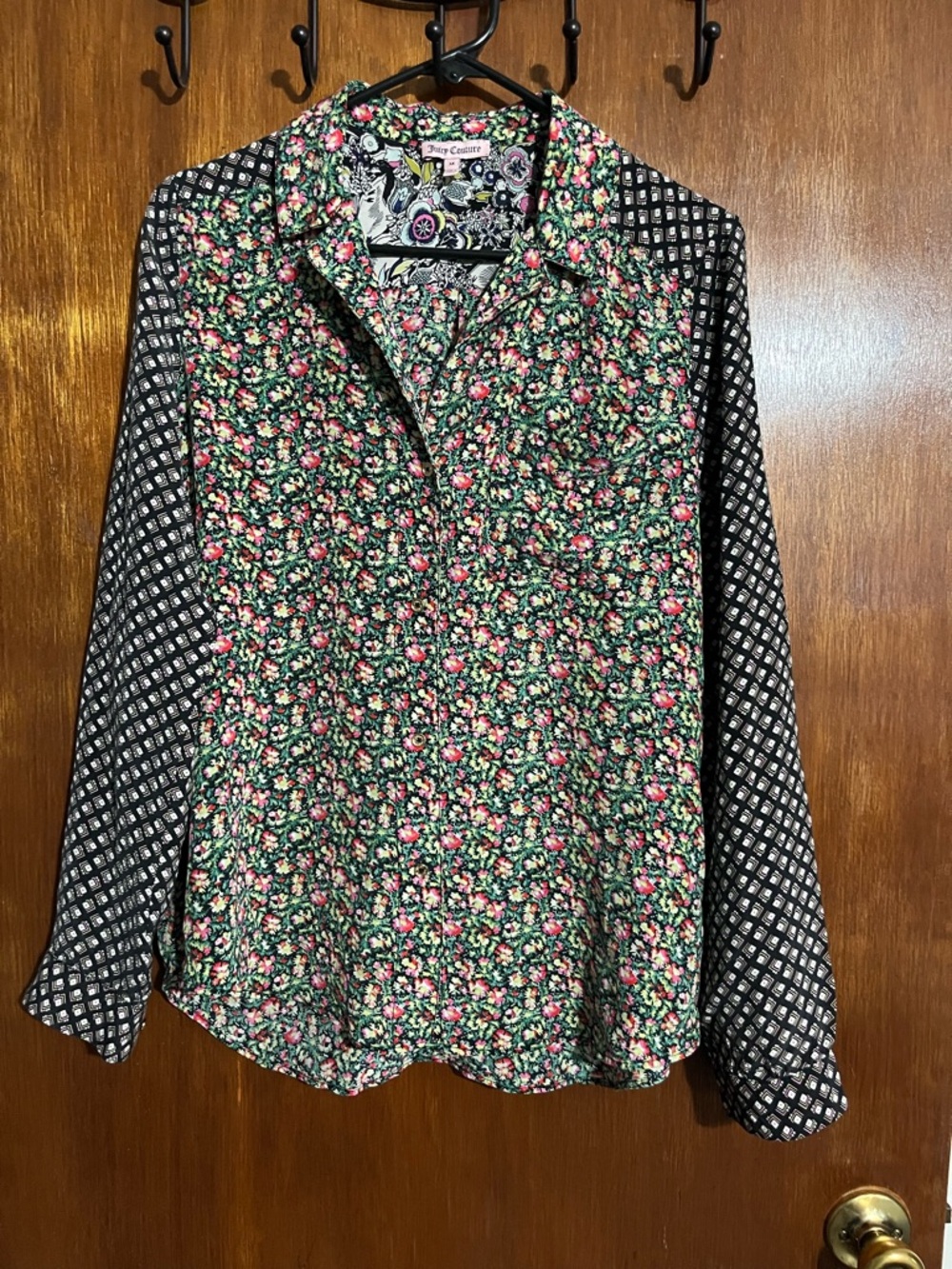 Juicy Couture Green Floral Mix-Print Button Down Silk Shirt